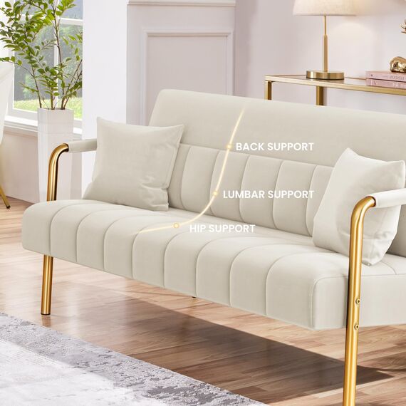 Yaheetech Polstersofa mit Armlehnen & Beine aus Metall Modernes Zweisitzer-Sofa mit 2 Lendenkissen Loveseat fürs Wohnzimmer, Heimbüro Beige