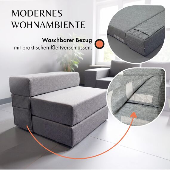 Schlafsessel mit Bettfunktion – Schlafsofa 75 cm breit, faltbare Schlafcouch & Gästematratze für 2, klappbares Sofa Bett – Extra dick 20cm & bequem H3 – Test SEHR GUT Oeko-TEX Standard Klappmatratze