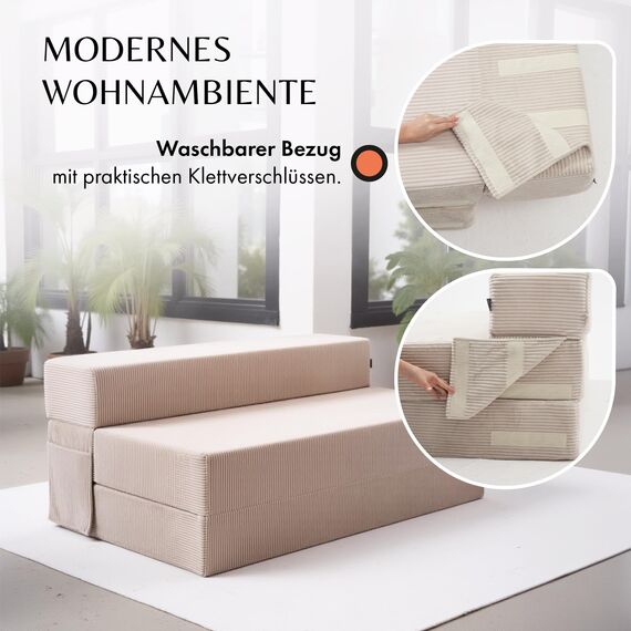 Cord Sofa – Schlafsofa 120 cm breit, faltbare Schlafcouch & Gästematratze für 2, klappbares Sofa Bett – Extra dick 19cm & bequem H3 – Perfekt für Gäste & Alltag – Test SEHR GUT Oeko-TEX Klappmatratze