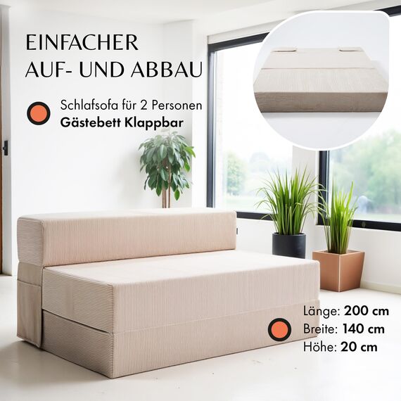 Cord Sofa – Schlafsofa 140 cm breit, faltbare Schlafcouch & Gästematratze für 2, klappbares Sofa Bett – Extra dick 19cm & bequem H3 – Perfekt für Gäste & Alltag – Test SEHR GUT Oeko-TEX Klappmatratze