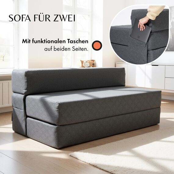 Schlafsofa 140 cm breit – Faltbare Schlafcouch und Gästematratze für 2, klappbares Sofa Bett – Extra dick 20cm und bequem H3 – Ideal für Gäste & Alltag – Test SEHR GUT Oeko-TEX Standard Klappmatratze