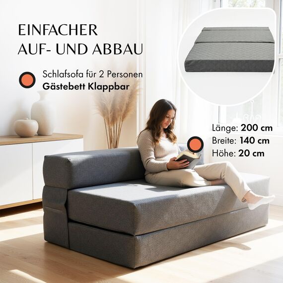 Schlafsofa 140 cm breit – Faltbare Schlafcouch und Gästematratze für 2, klappbares Sofa Bett – Extra dick 20cm und bequem H3 – Ideal für Gäste & Alltag – Test SEHR GUT Oeko-TEX Standard Klappmatratze