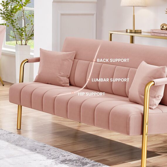 Yaheetech Polstersofa mit Armlehnen & Beine aus Metall Modernes Zweisitzer-Sofa mit 2 Lendenkissen Loveseat fürs fürs Wohnzimmer, Heimbüro Rosa