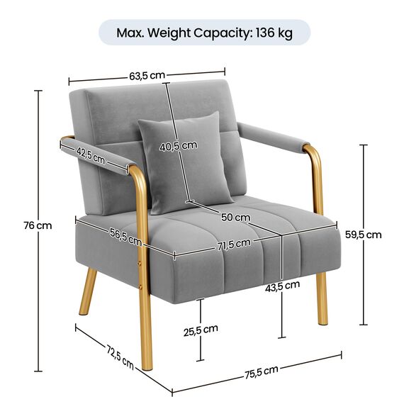 Yaheetech Polstersofa mit Armlehnen & Beine aus Metall Modernes Einzelsofa mit 2 Lendenkissen Loveseat für Wohnzimmer, Heimbüro Hellgrau