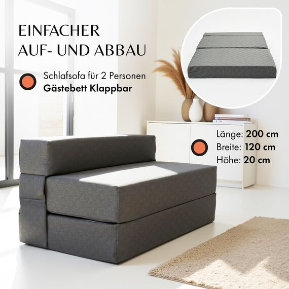 Schlafsofa 120 cm breit – Faltbare Schlafcouch und Gästematratze für 2, klappbares Sofa Bett – Extra dick 20cm und bequem H3 – Ideal für Gäste & Alltag – Test SEHR GUT Oeko-TEX Standard Klappmatratze