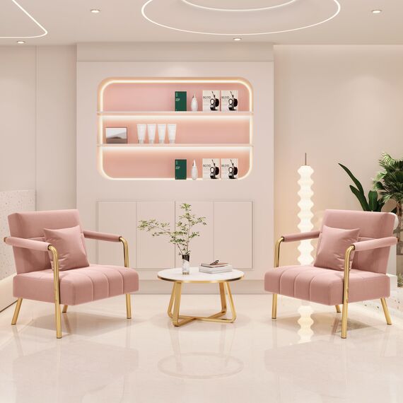 Yaheetech Polstersofa mit Armlehnen & Beine aus Metall Modernes Einzelsofa mit 2 Lendenkissen Loveseat für Wohnzimmer, Heimbüro Rosa