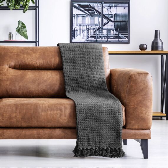 Emma Barclay Honeycomb Überwurf, recycelte Baumwolle, einfarbig, Waffelstruktur, für Stuhl, Sofa, Sofa, Überwurf, Decke, Anthrazit, 127 x 152 cm