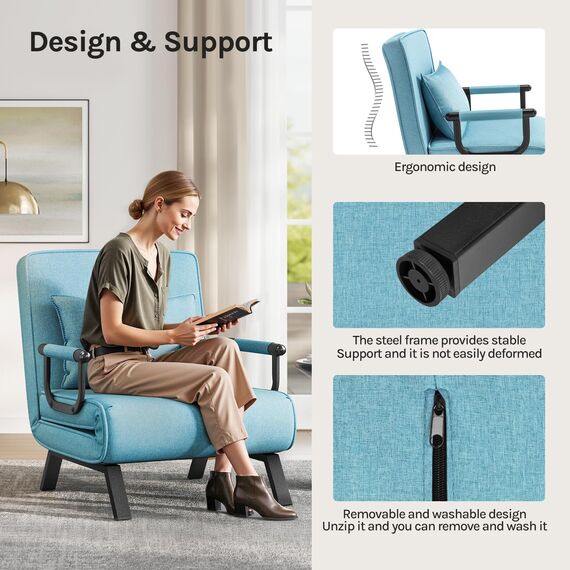 WOLTU Schlafsessel 3 in 1 mit bettfunktion, Gästebettfür, Schlafsofa mit Bettfunktion, Verstellbarer Rückenlehne, Wohnzimmer, Schlafzimmer, Balkon, Metallrahmen Leinen, 80 x 82 x 74 cm, Blau