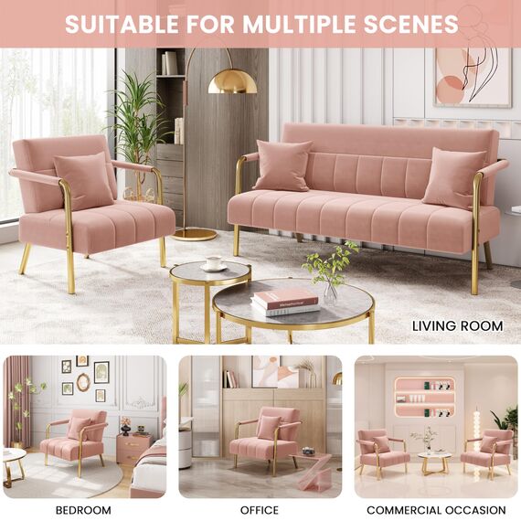 Yaheetech Polstersofa mit Armlehnen & Beine aus Metall Modernes Einzelsofa mit 2 Lendenkissen Loveseat für Wohnzimmer, Heimbüro Rosa