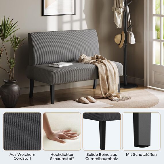 Yaheetech Küchensofa 2-sitzer Sitzbank Polstersofa aus Cordstoff Doppelsofa ohne Armlehnen Stoffsofa Loungesofa fürs Wohnzimmer/Eingangsbereich/Büro, Grau