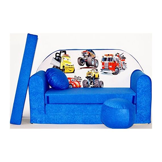 Pro Cosmo umwandelbares Kindersofa – perfekt zum Spielen und Schlafen – mit Abnehmbarer Matratze, Kissen und Pouf – 98x168x59 cm – leicht und einfach zusammenklappbar - C14 Blau - LKWs