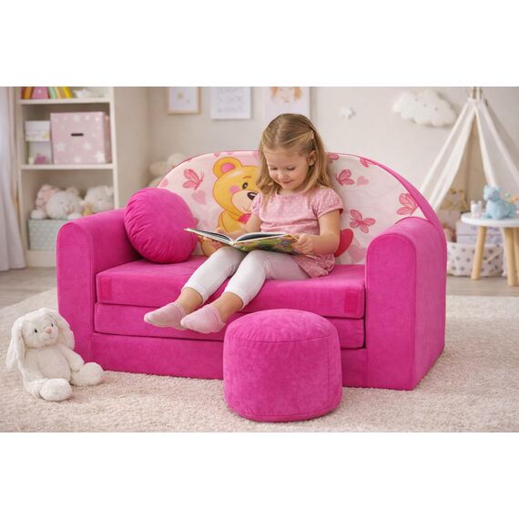Pro Cosmo umwandelbares Kindersofa – perfekt zum Spielen und Schlafen – mit Abnehmbarer Matratze, Kissen und Pouf – 98x168x59 cm – leicht und einfach zusammenklappbar - H3 Rosa - Teddybär mit Herz