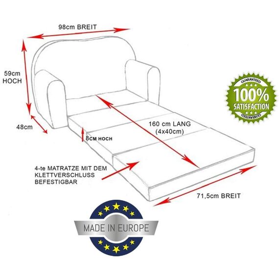 Pro Cosmo umwandelbares Kindersofa – perfekt zum Spielen und Schlafen – mit Abnehmbarer Matratze, Kissen und Pouf – 98x168x59 cm – leicht und einfach zusammenklappbar - Z5 Farbe Grün- Dschungeltiere