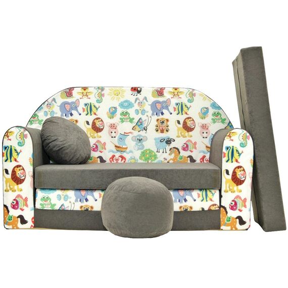 Pro Cosmo umwandelbares Kindersofa – perfekt zum Spielen und Schlafen – mit Abnehmbarer Matratze, Kissen und Pouf – 98x168x59 cm – leicht und einfach zusammenklappbar - A5 Grau - Dschungeltiere