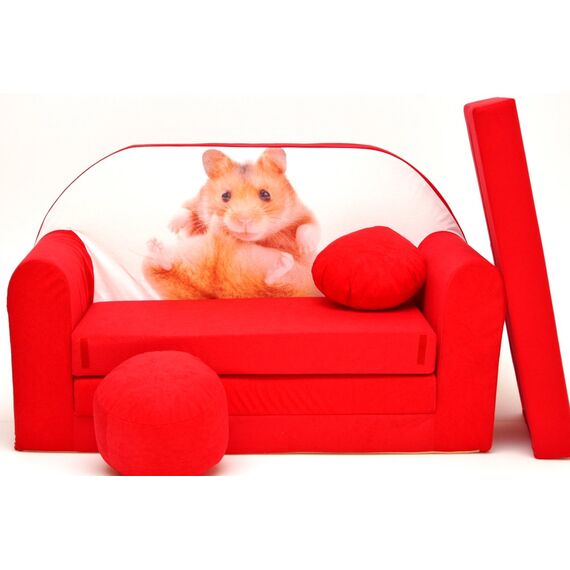 Pro Cosmo D37 Kinder Schlafsofa Futon mit Pouff/Fußhocker/Kissen, Stoff, rot, 168 x 98 x 60 cm
