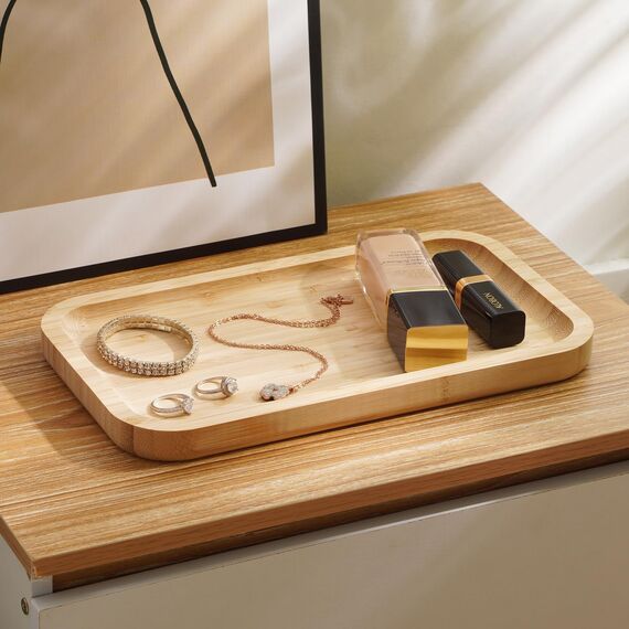 BAM BOO BOX - Badezimmer Tablett aus Bambus, Serviertablett Holz, Kosmetik Tablett Organizer, 28 x 16 x 2 cm