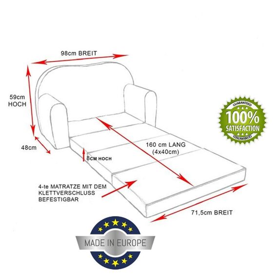 Pro Cosmo Kindersofa, Bett, Kindermöbel, inkl. Pufffe/Fußhocker und Kissen (H30)