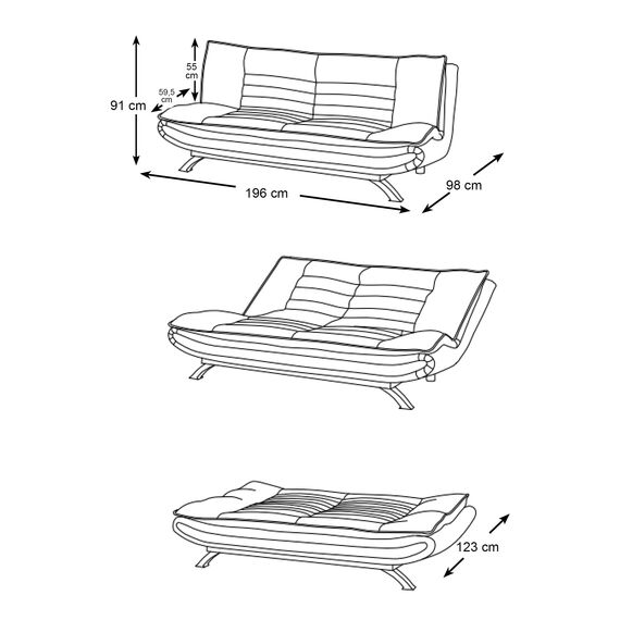 AC Design Furniture Jasper Bettcouch Hellgrau/Schwarz, Schlafsofa mit 3 Liegepositionen, Moderner 3-Sitzer Ohne Armlehne, Gepolstert mit schwarzen Metallbeinen, L: 196 x H: 91 x T: 98 cm