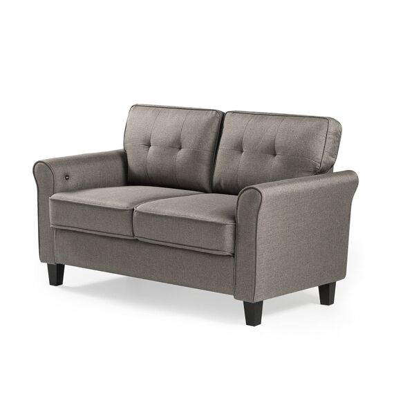 Zinus Sayan Loveseat Sofa mit USB-Anschlüssen Mid-Century Einfache Montage ohne Werkzeug Getuftete Kissen Abgerundete Armlehnen Sofa in Einer Box Sand Grey 2-Seater