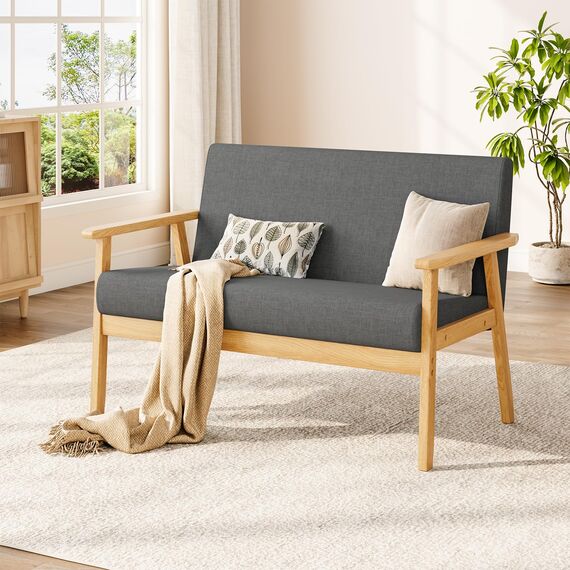 Dripex Sofa 2 Sitzer, Stoffsofa Couch Modern und Skandinavisch, Loungesofa aus Holz und Leinenstoff, Polstersofa Sitzmöbel für Wohnzimmer Schlafzimmer Büro, Dunkelgrau, 113x67x75cm