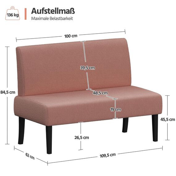 Yaheetech Küchensofa 2-sitzer Sitzbank Polstersofa aus Cordstoff Doppelsofa ohne Armlehnen Stoffsofa Loungesofa fürs Wohnzimmer/Eingangsbereich/Büro, Rosa