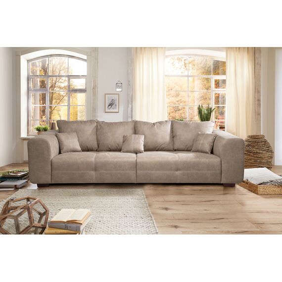 CAVADORE Big Sofa Mavericco / XXL Love Seat im modernen Design in Lederoptik / Inklusive Rückenkissen und Zierkissen / 287 x 69 x 108 cm (BxHxT) / Mikrofaser Beige