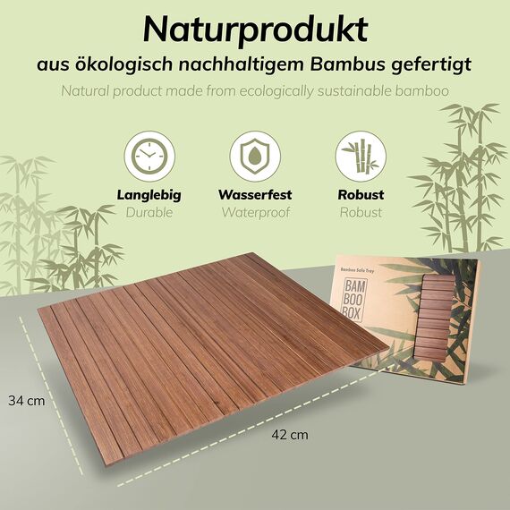 BAM BOO BOX Sofatablett aus Bambus - Couch Tablett flexibel - Sofatablett Armlehne - Sofa Tablett Holz - Braun