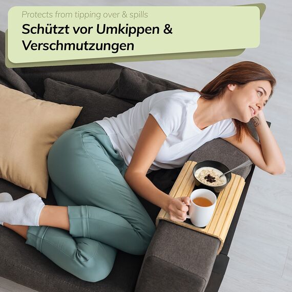 BAM BOO BOX Sofatablett aus Bambus - Couch Tablett flexibel - Sofatablett Armlehne - Sofa Tablett Holz - Naturfarbe mit Pad