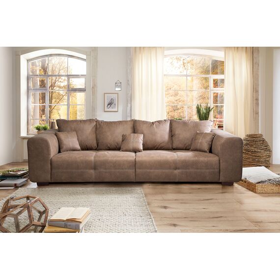 CAVADORE Big Sofa Mavericco / Braune Couch im modernen Design in Lederoptik / Inklusive Rückenkissen und Zierkissen / 287 x 69 x 108 cm (BxHxT) / Mikrofaser Braun