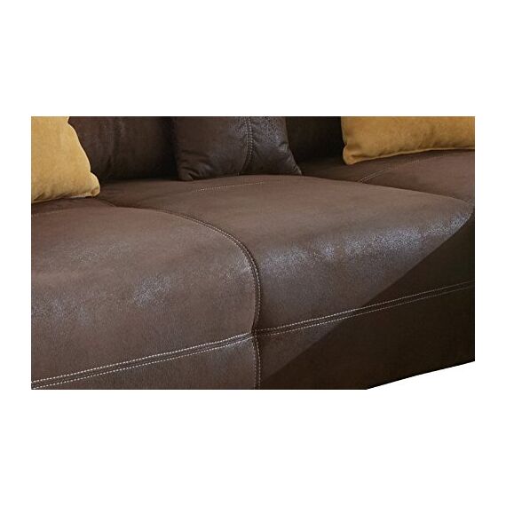 Cavadore Ecksofa Mavericco / Polster Eck-Couch mit Kissen in Antik-Leder-Optik und Holzfüßen / Longchair rechts / 285 x 69 x 170 / Mikrofaser Braun