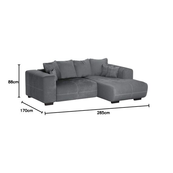 Cavadore Ecksofa Mavericco / XXL Eckcouch Inkl. Rückenkissen und Zierkissen / Longchair rechts / Industrial Style / 285 x 69 x 170 (BxHxT) / Mikrofaser Grau