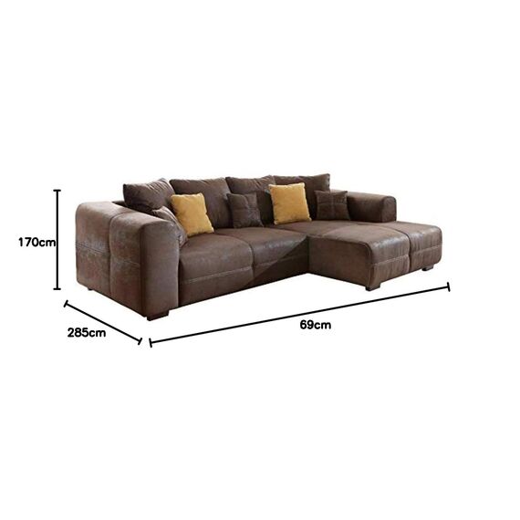 Cavadore Ecksofa Mavericco / Polster Eck-Couch mit Kissen in Antik-Leder-Optik und Holzfüßen / Longchair rechts / 285 x 69 x 170 / Mikrofaser Braun