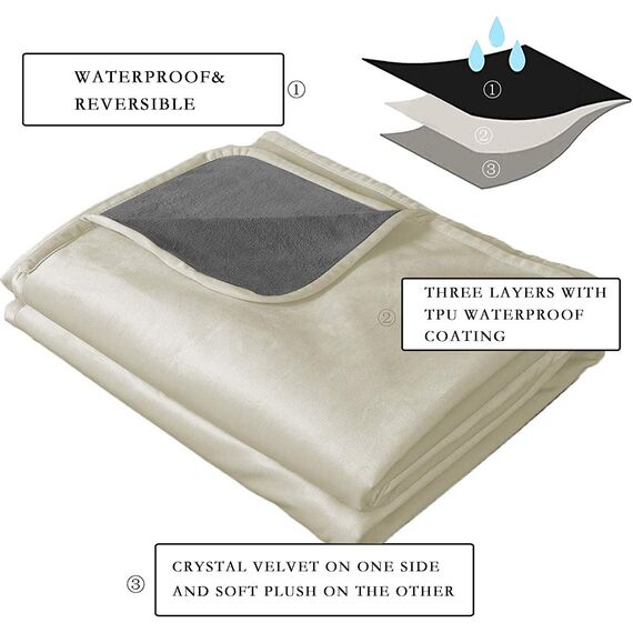 Ameritex Haustierbett-Decke, wendbar, 100 % wasserdicht, Samt, superweich, für Sofa und Bett, 172 x 203 cm, cremefarben + Grau
