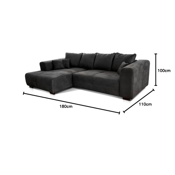 Cavadore Ecksofa Mavericco / XXL Eckcouch Inkl. Rückenkissen und Zierkissen / Longchair links / Industrial Style / 285 x 69 x 170 (BxHxT) / Mikrofaser Schwarz