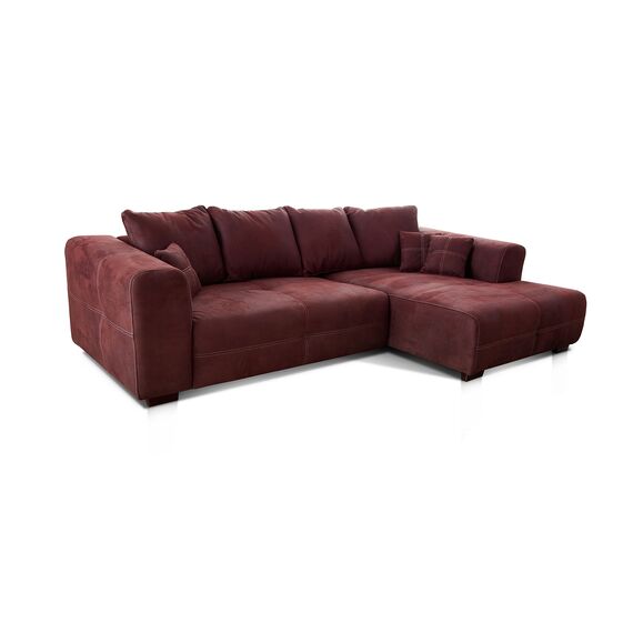 Cavadore Ecksofa Mavericco / XXL Eckcouch Inkl. Rückenkissen und Zierkissen / Longchair rechts / Industrial Style / 285 x 69 x 170 (BxHxT) / Mikrofaser Rot (bordeaux)