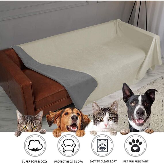 Ameritex Haustierbett-Decke, wendbar, 100 % wasserdicht, Samt, superweich, für Sofa und Bett, 172 x 203 cm, cremefarben + Grau