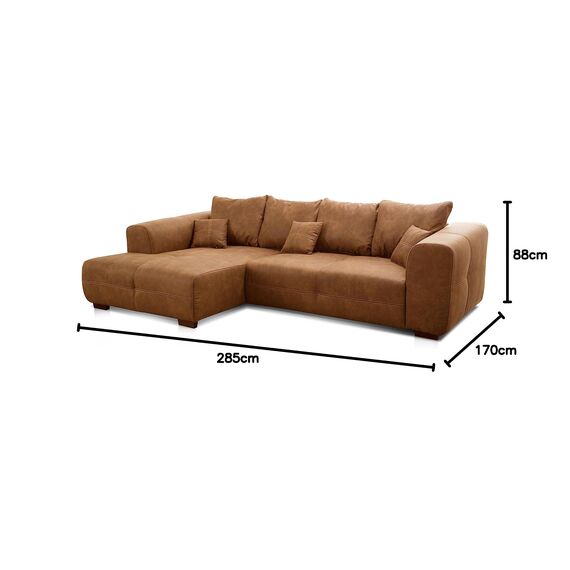 Cavadore Ecksofa Mavericco / XXL Eckcouch Inkl. Rückenkissen und Zierkissen / Longchair links / Industrial Style / 285 x 69 x 170 (BxHxT) / Mikrofaser Cognac