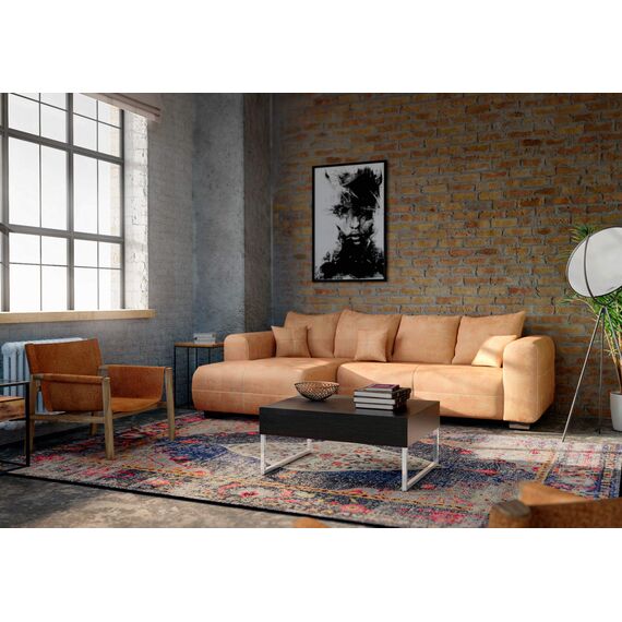 Cavadore Ecksofa Mavericco / XXL Eckcouch Inkl. Rückenkissen und Zierkissen / Longchair links / Industrial Style / 285 x 69 x 170 (BxHxT) / Mikrofaser Cognac