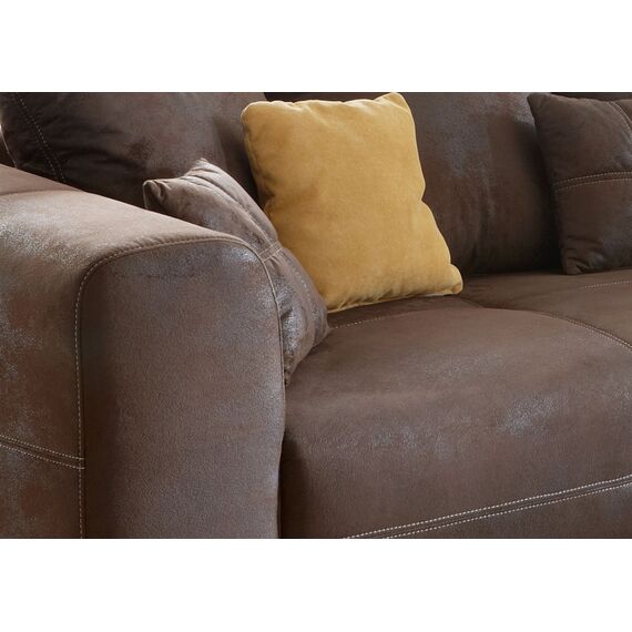 Cavadore Ecksofa Mavericco / Polster Eck-Couch mit Kissen in Antik-Leder-Optik und Holzfüßen / Longchair rechts / 285 x 69 x 170 / Mikrofaser Braun
