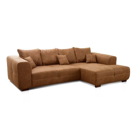 Cavadore Ecksofa Mavericco / XXL Eckcouch Inkl. Rückenkissen und Zierkissen / Longchair rechts / Industrial Style / 285 x 69 x 170 (BxHxT) / Mikrofaser Cognac