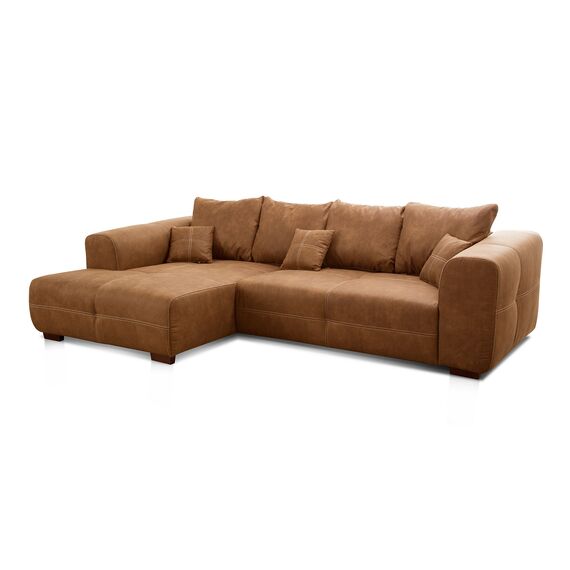 Cavadore Ecksofa Mavericco / XXL Eckcouch Inkl. Rückenkissen und Zierkissen / Longchair links / Industrial Style / 285 x 69 x 170 (BxHxT) / Mikrofaser Cognac