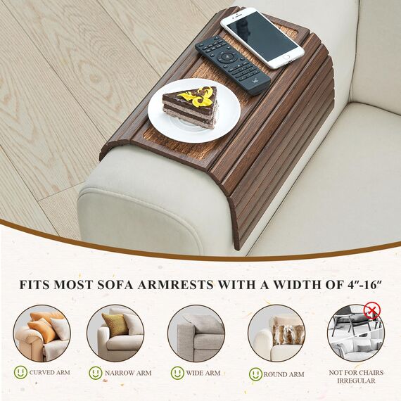 GEHE Sofa-Arm-Tablett, flexibel/faltbar, Coucharm-Tablett für breite Couch, Sofa-Armlehne, Tisch-Becherhalter, perfekt für Lebensmittel, Getränke, Snacks, Fernbedienung oder Telefon