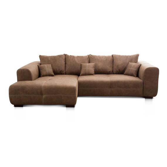Cavadore Ecksofa Mavericco / XXL Eckcouch Inkl. Rückenkissen und Zierkissen / Longchair links / Industrial Style / 285 x 69 x 170 (BxHxT) / Mikrofaser Braun