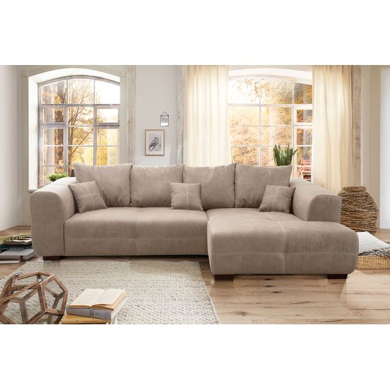 Cavadore Ecksofa Mavericco / XXL Eckcouch Inkl. Rückenkissen und Zierkissen / Longchair rechts / Industrial Style / 285 x 69 x 170 (BxHxT) / Mikrofaser Beige