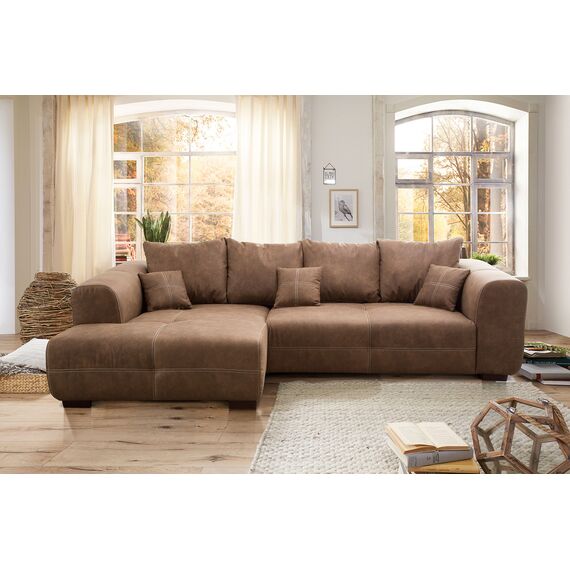 Cavadore Ecksofa Mavericco / XXL Eckcouch Inkl. Rückenkissen und Zierkissen / Longchair links / Industrial Style / 285 x 69 x 170 (BxHxT) / Mikrofaser Braun
