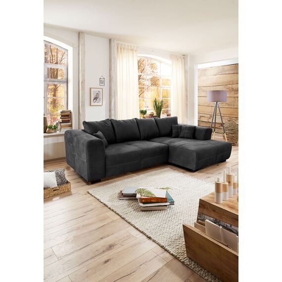 Cavadore Ecksofa Mavericco / XXL Eckcouch Inkl. Rückenkissen und Zierkissen / Longchair rechts / Industrial Style / 285 x 69 x 170 (BxHxT) / Mikrofaser Schwarz