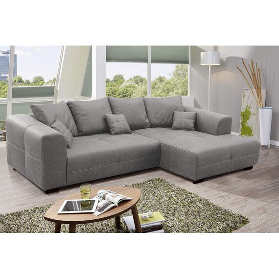 CAVADORE Ecksofa Mavericco inkl. Kissen / XXL-Eckcouch im modernen Design / Longchair rechts / 285 x 69 x 170 / Lederoptik grau