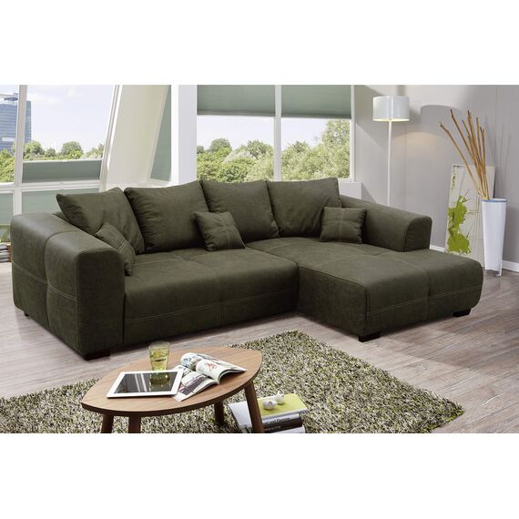 CAVADORE Ecksofa Mavericco inkl. Kissen / XXL-Eckcouch im modernen Design / Longchair rechts / 285 x 69 x 170 / Lederoptik dunkelgrün
