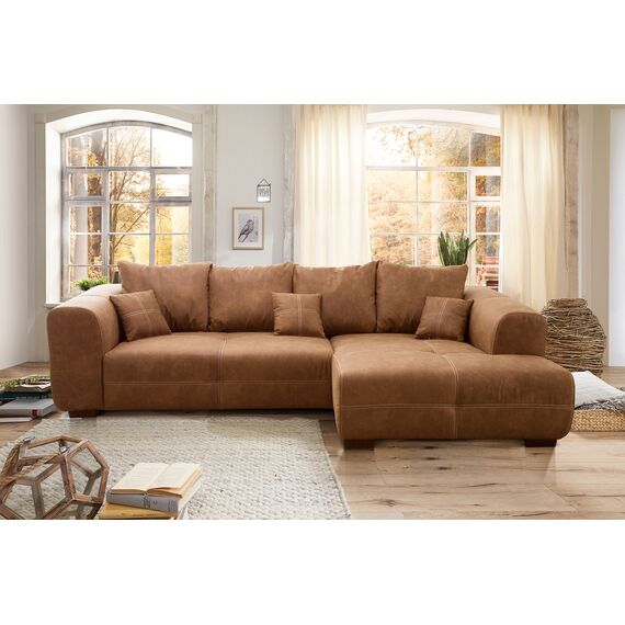 Cavadore Ecksofa Mavericco / XXL Eckcouch Inkl. Rückenkissen und Zierkissen / Longchair rechts / Industrial Style / 285 x 69 x 170 (BxHxT) / Mikrofaser Cognac