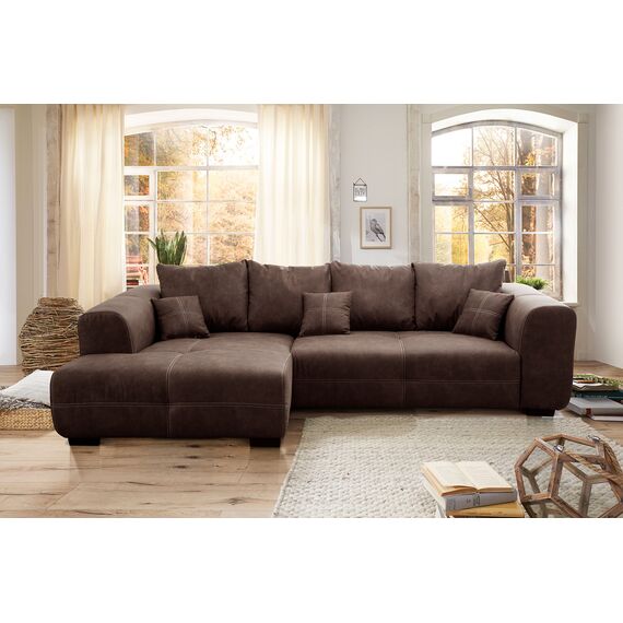 Cavadore Ecksofa Mavericco / XXL Eckcouch Inkl. Rückenkissen und Zierkissen / Longchair links / Industrial Style / 285 x 69 x 170 (BxHxT) / Mikrofaser Braun